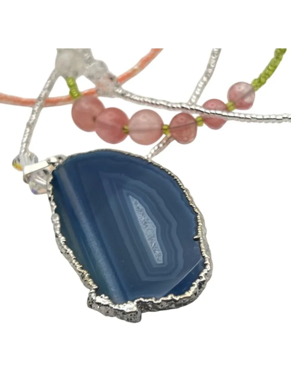 Blue Agate Slice Pendant Necklace Multistrand Beaded Boho Pink Green Glass Layer - Picture 3 of 15